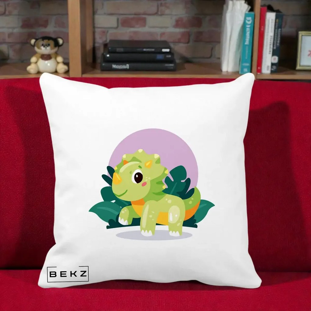 Perna Decorativa Triceratops Kawaii Verde, 40x40 cm, Alba Mata, Husa Detasabila, Perna Inclusa, BEKZ®
