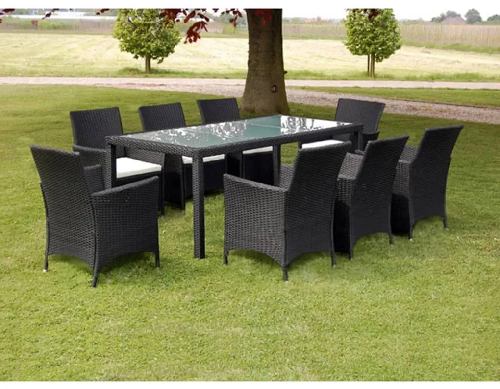 vidaXL Set mobilier de exterior cu perne, 9 piese, negru, poliratan