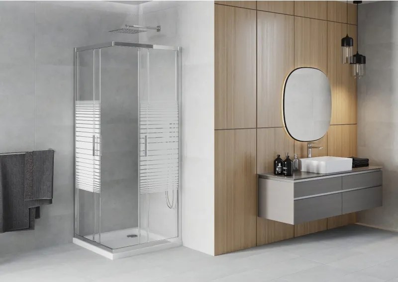 Mexen Rio cabina de duș pătrată 80 x 80 cm, dungi albe, crom + cadă Flat, alb - 860-080-080-01-20-4010