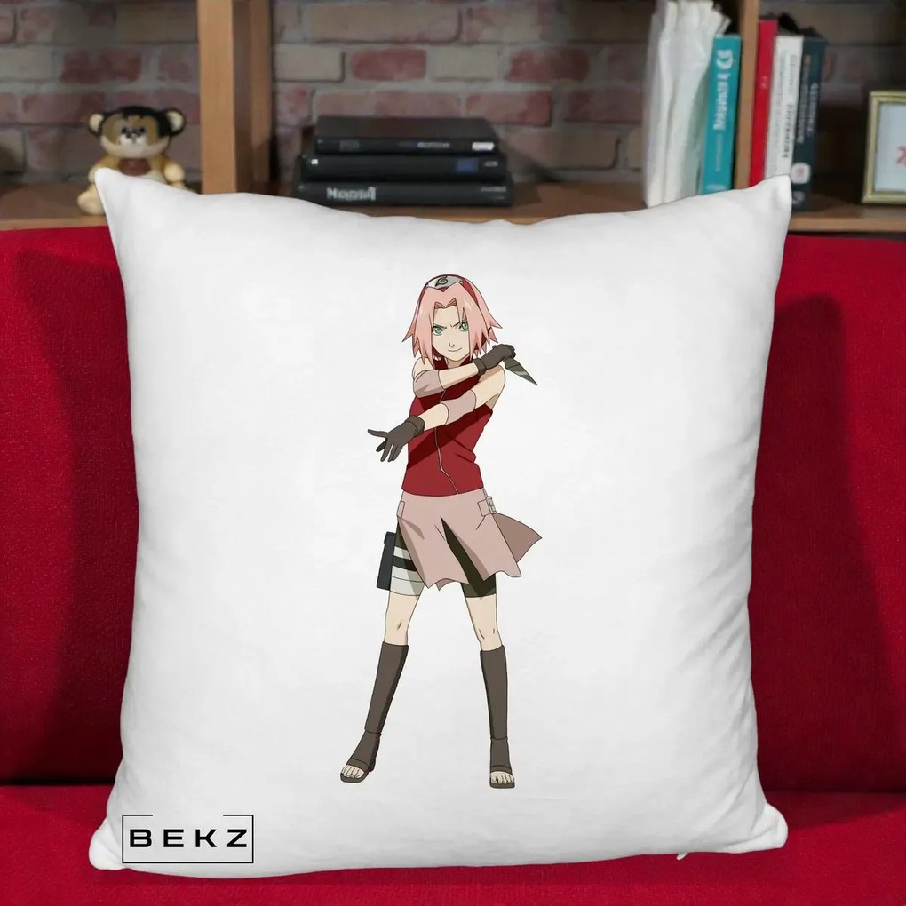 Perna Personalizata Naruto Sakura Haruno Portret, 40x40 cm, Alb Pufos, Husa Detasabila, Perna Inclusa, BEKZ®