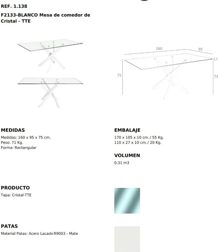 Masa dreptunghiulara design modern Veola alb, 160x95cm