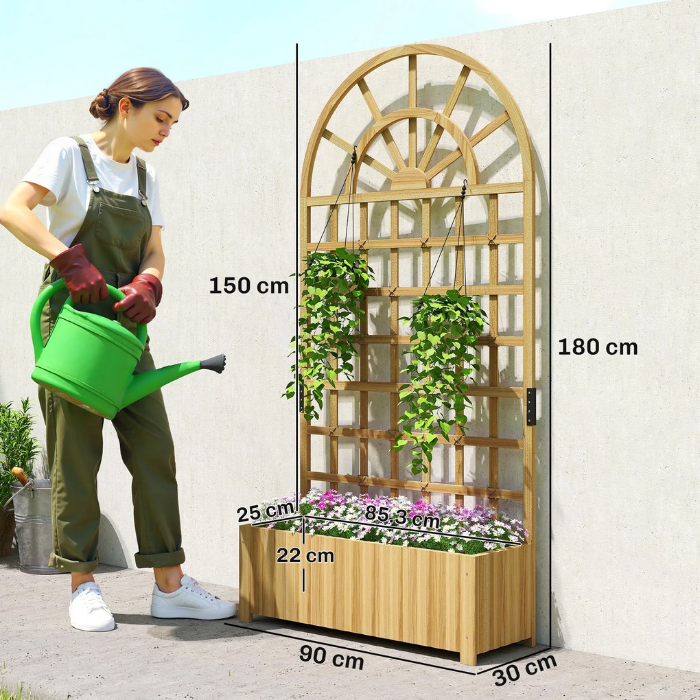 Outsunny Jardinieră cu spalier, ladă de flori, cu orificii de drenaj, din lemn masiv, 90 x 30 x 180 cm, efect lemn natural | Aosom Romania
