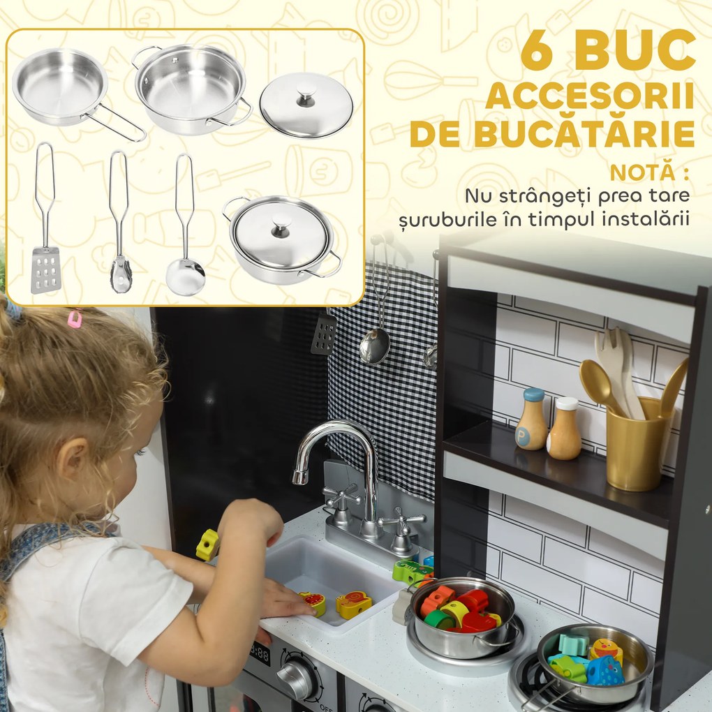AIYAPLAY Bucătărie de Jucărie pentru Copii 3-8 Ani din Lemn cu Accesorii, Frigider, Chiuvetă și Buton cu Sunete, Maro | Aosom Romania