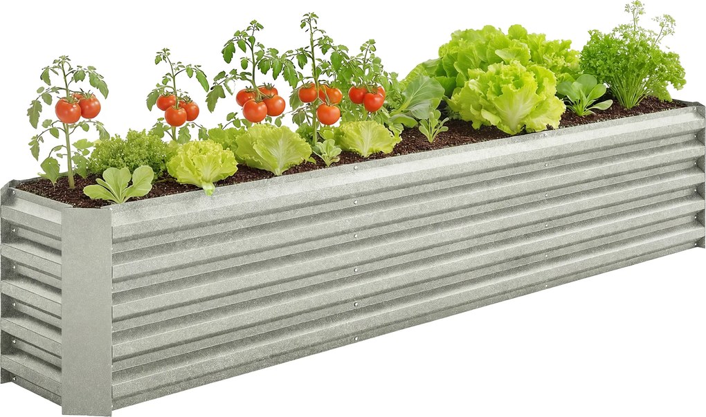 Outsunny Pat pătrat pentru grădină pat ridicat din oțel galvanizat bare de susținere și plăci de colț fund deschis 240x40x45cm gri argintiu | Aosom Romania