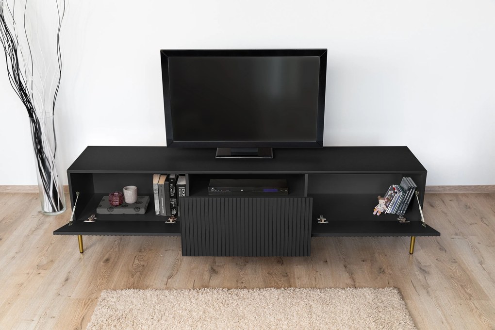 Comodă TV cu sertar Nicole 200 cm cu picioare metalice - negru mat / picioare aurii