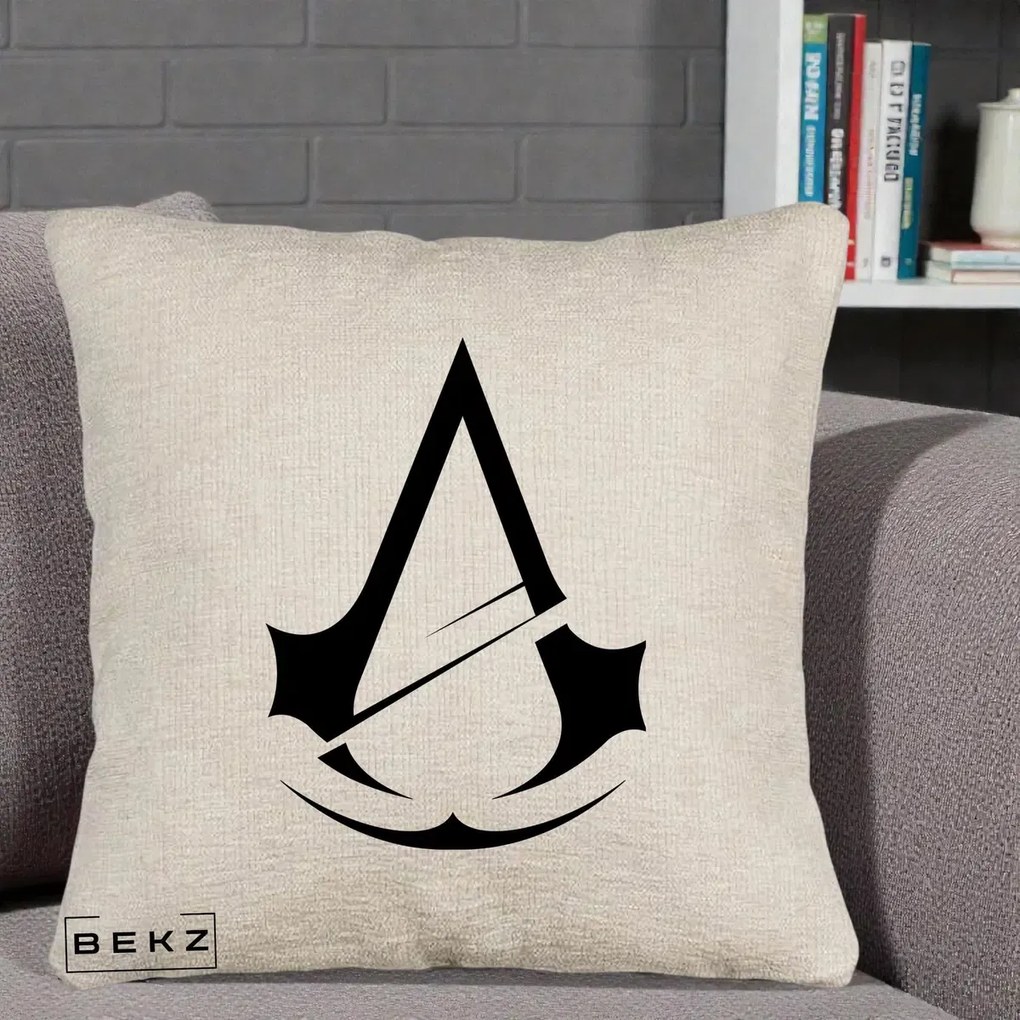 Perna Personalizata Assassin's Creed Minimalist, 40x40 cm, Bej Canapea, Husa Detasabila, Perna Inclusa, BEKZ®