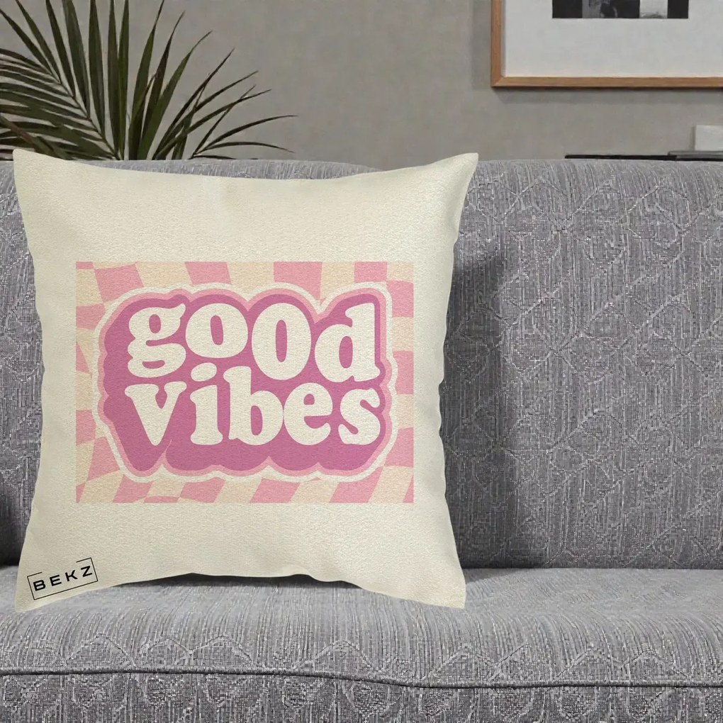 Perna Decorativa Good Vibes Retro Roz, 40x40 cm, Ecru, Husa Detasabila, Perna Inclusa, BEKZ®
