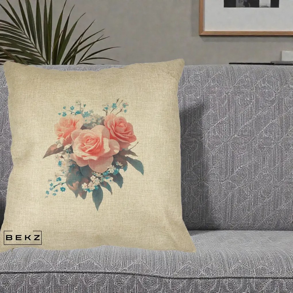 Perna Decorativa Trandafiri Roz cu Floricele Albastre, 40x40 cm, Crem, Husa Detasabila, Perna Inclusa, BEKZ®