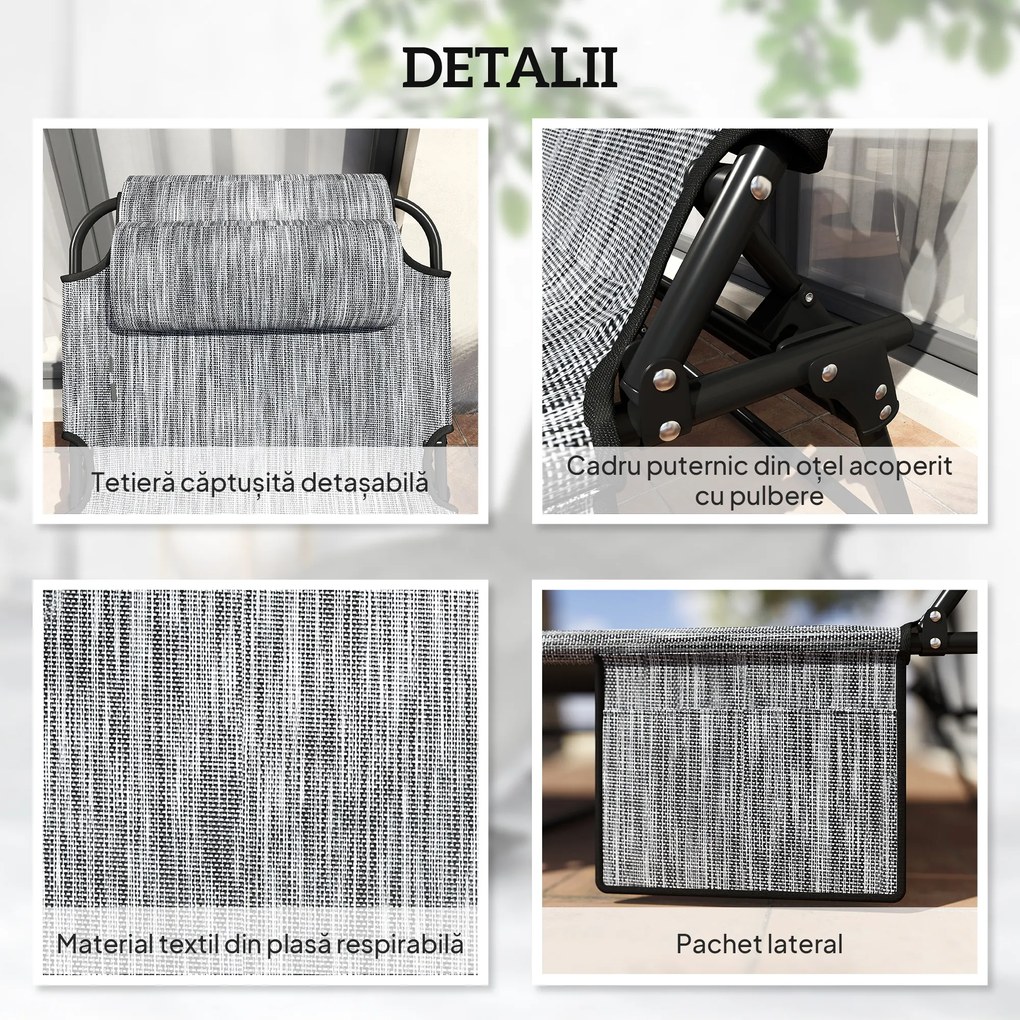 Outsunny Sezlong pliabil cu spatar inclinabil pe 4 nivele, Scaun de plaja pentru exterior cu perna, buzunar lateral,tetiera, Gri