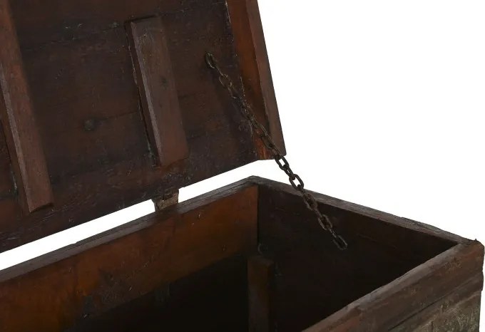 Cufăr vintage din lemn de tec, maro, cu plăci decorative din metal și două zăvoare, finisaj patinat, 98 x 137 x 44 cm, „Trunk”