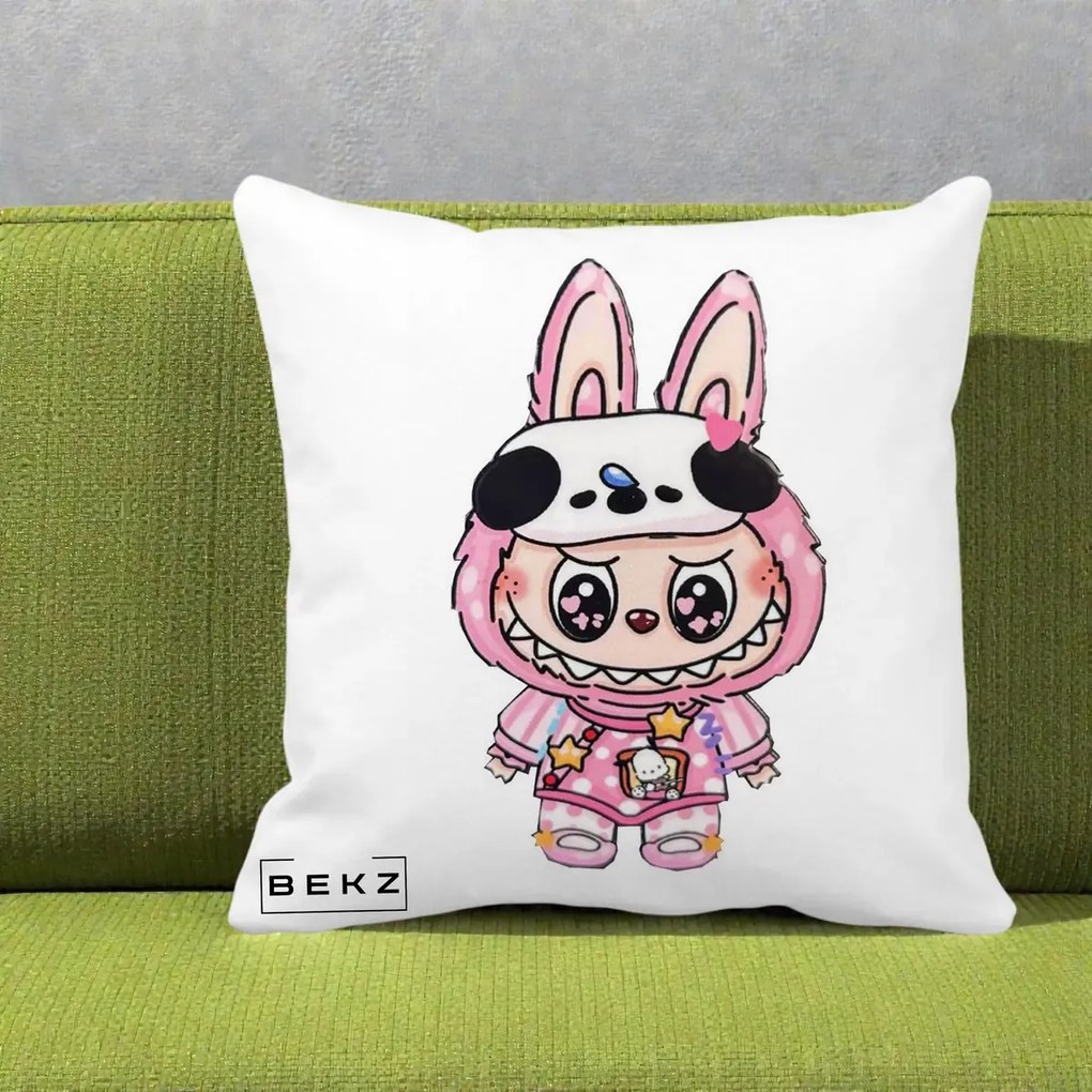 Perna Personalizata Labubu Panda-Bunny Roz, 40x40 cm, Alba Mata, Husa Detasabila, Perna Inclusa, BEKZ®