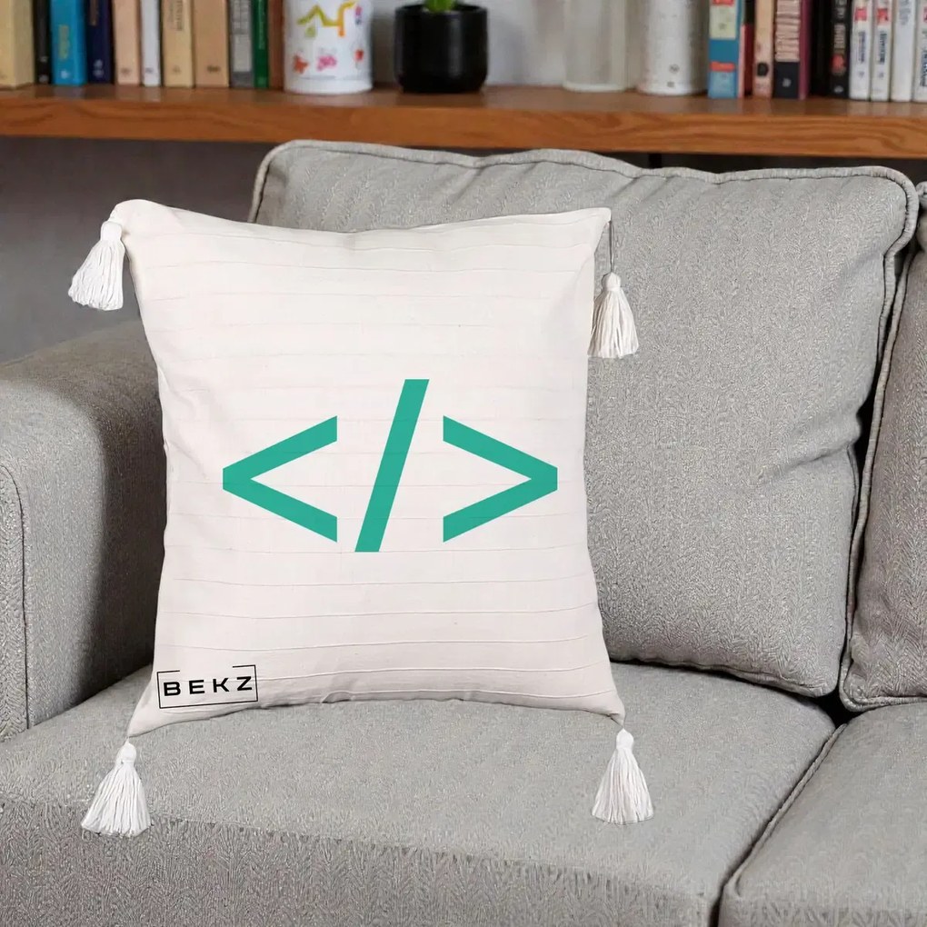 Perna Personalizata Cod HTML Turcoaz, 40x40 cm, Bej cu Franjuri, Husa Detasabila, Perna Inclusa, BEKZ®