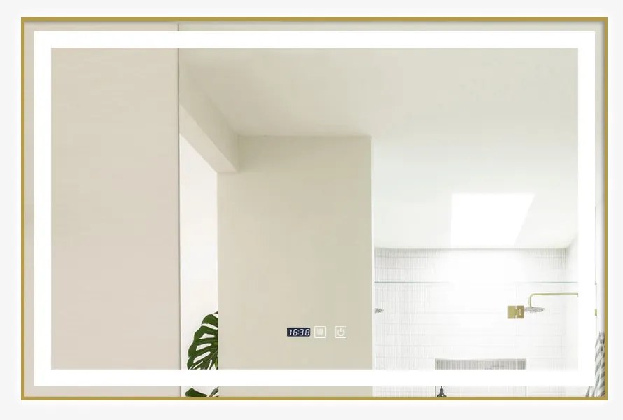 Oglindă Baie LED și Dezaburire Elit's Premium cu Senzor Touch, Lumina Rece, Caldă și Neutră, 120x80 cm, cu rama Bronz Gold Antichizat, Ceas