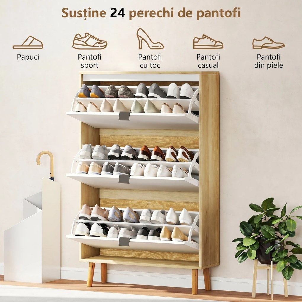 HOMCOM Dulap de pantofi subțire modern cu 3 sertare rabatabile pentru 24 de perechi de pantofi, Alb | Aosom Romania