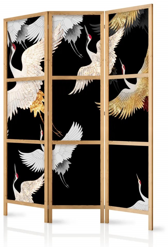 Paravan japonez - Cranes at Night - White and Gold Birds Flying Away on a Black Background