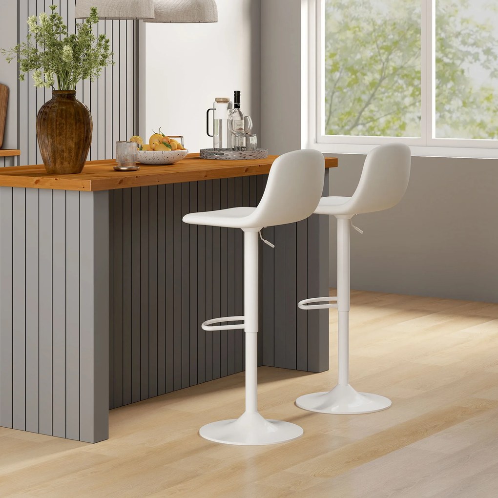 HOMCOM Set 2 Scaune de Bar cu Spătar și Suport pentru Picioare, Înălțime Reglabilă, Piele Ecologică PU, Alb | Aosom Romania