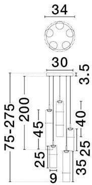 Lustra moderna cu 5 pendule LED, Metal, Sticla, Cognac, SANO