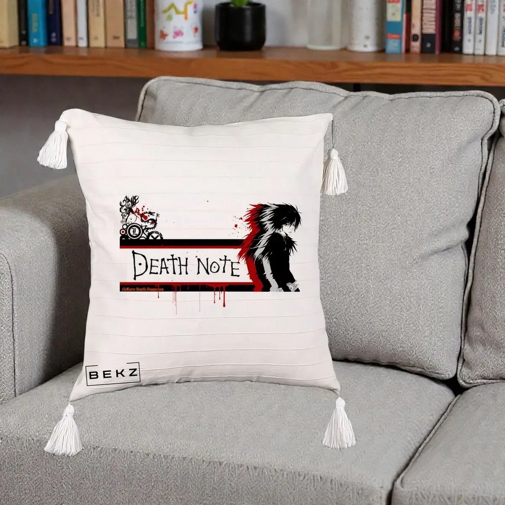 Perna Personalizata Death Note L Lawliet Rosu-Negru, 40x40 cm, Bej cu Franjuri, Husa Detasabila, Perna Inclusa, BEKZ®