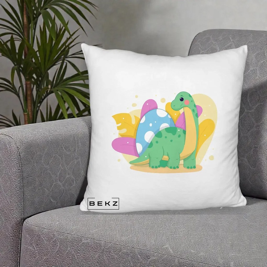 Perna Personalizata Dinozaur cu Ou Pastelat, 40x40 cm, Alb Pufos, Husa Detasabila, Perna Inclusa, BEKZ®