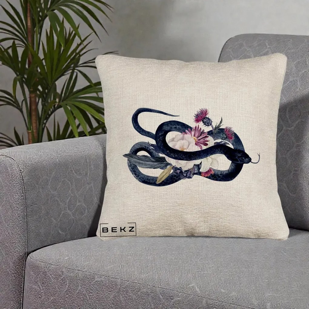 Perna Decorativa Sarpe Negru cu Flori Gothic, 40x40 cm, Bej Canapea, Husa Detasabila, Perna Inclusa, BEKZ®