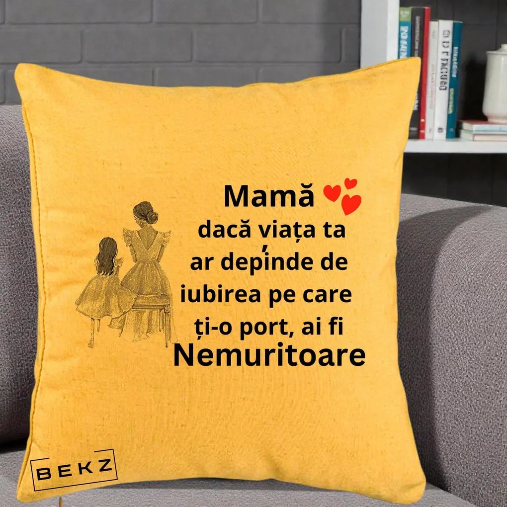 Cadou pentru Mama - Perna Personalizata Mama Nemuritoare Line Art, 40x40 cm, Galben, Husa Detasabila, Perna Inclusa, BEKZ®
