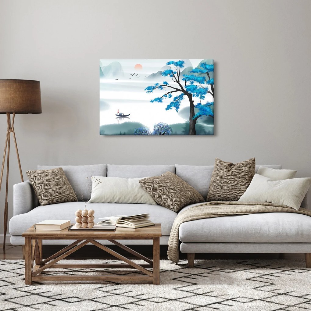 Tablou - Pictură, lac cu barcă (90x60 cm)