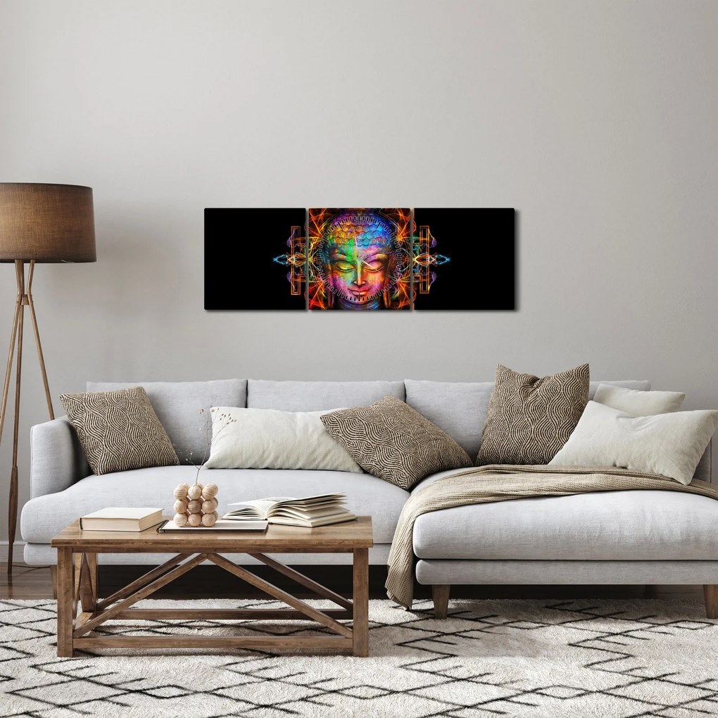 Tablou - Bustul lui Buddha în culori neon (cu ceas) (90x30 cm)