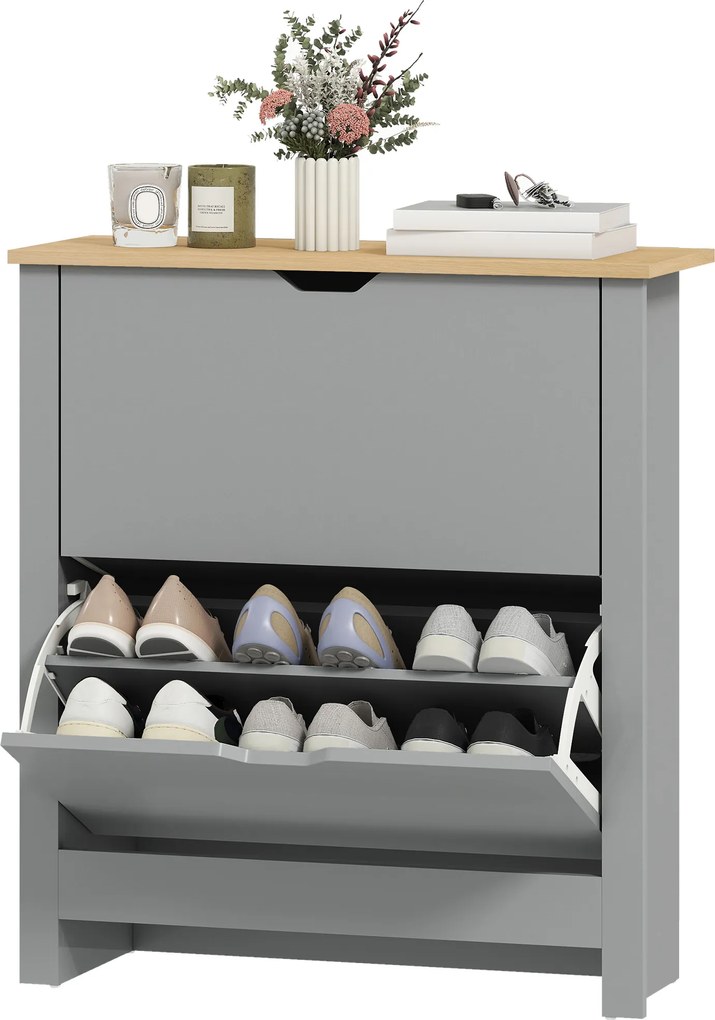 HOMCOM Dulap pentru încălțăminte 12 perechi, dulap îngust cu 2 sertare rabatabile și polițe reglabile, gri deschis | Aosom Romania