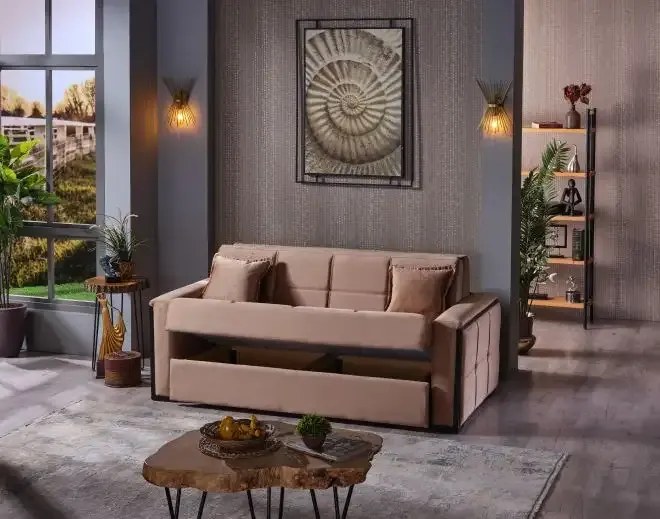 Canapea extensibila cu 3 locuri tip pat matrimonial cu lada de depozitare Atena,crem