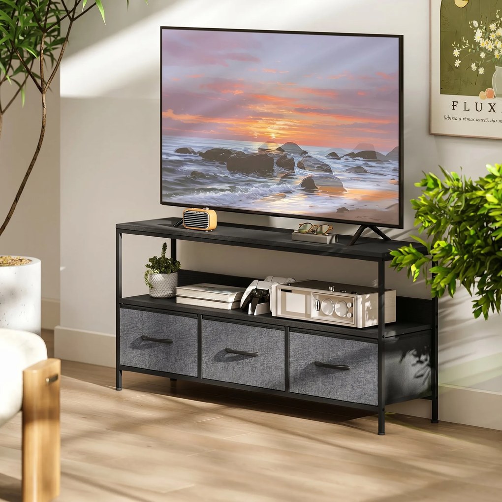 HOMCOM Suport TV Mobil, Până La 55", cu 3 Sertare Textil Pliabile, Raft, 120x29x56 cm, Negru | Aosom Romania