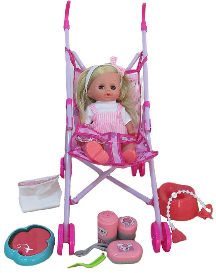 Papusa vorbitoare cu carucior si accesorii