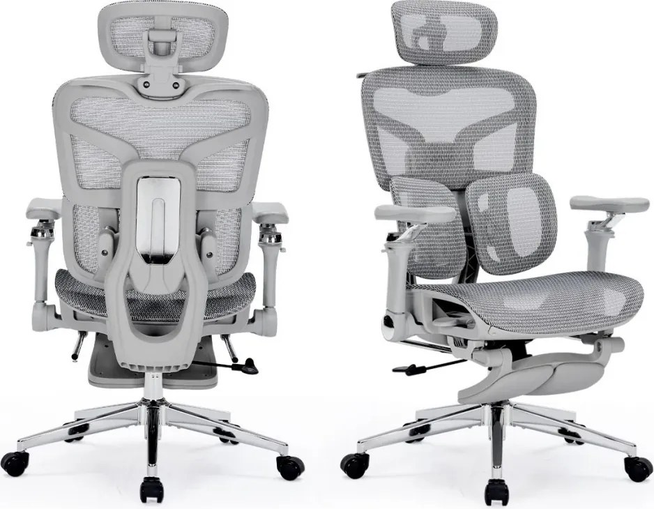 RESIGILAT- Scaun ergonomic premium DeluxStar T9 – cotiere 6D ultra moi, suport lombar adaptiv, spătar reglabil pe inaltime, tetiera 4D, mecanism multifunctional inclinare/blocare, pivotant, Mesh, Gri