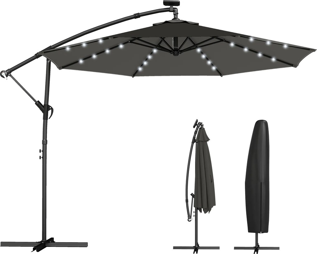 Outsunny Umbrelă cu braț lateral LED solar aprox. Ø300 cm, rotativă, cu manivelă, suport și husă, Gri închis | Aosom Romania