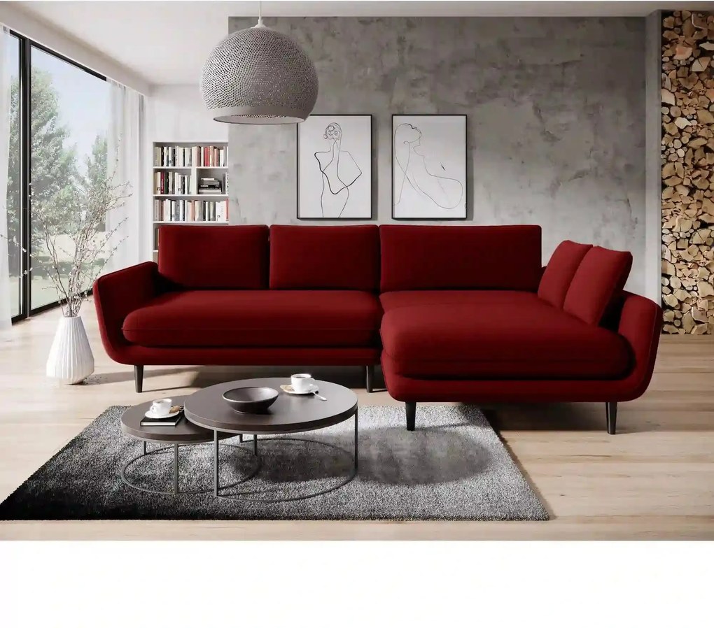Coltar extensibil SOLANO, sezlong dreapta, stofa catifelata visiniu -