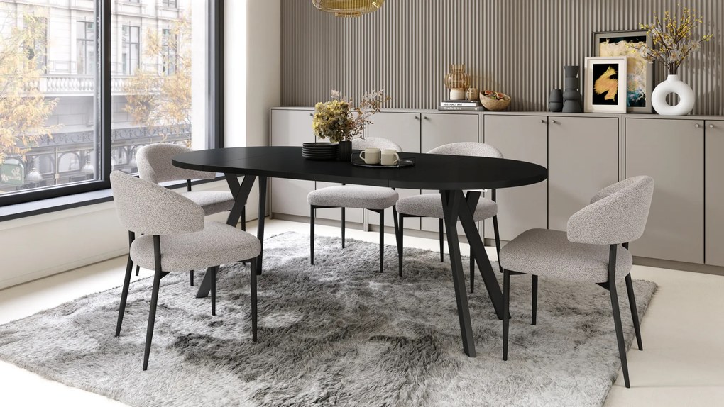Mazzoni ALMO Negru/picioare negre - MASĂ ROTUNDĂ EXTENSIBILĂ CU PICIOARE ÎN FORMĂ DE Y STIL LOFT PENTRU SALON/SUFRAGERIE