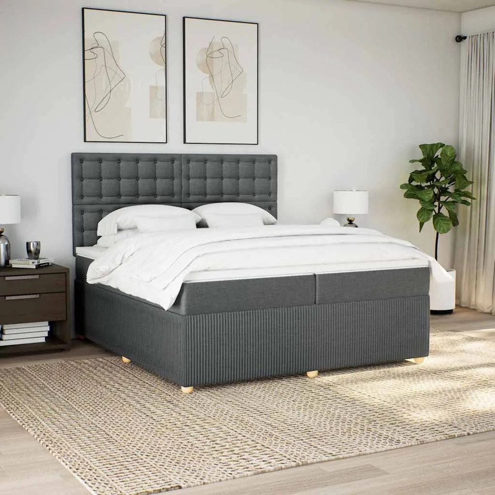 vidaXL Pat box spring cu saltea, gri închis, 200x200 cm, textil