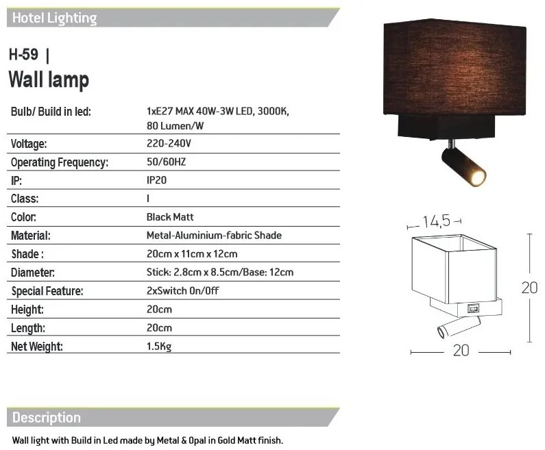 Aplica de perete moderna cu reader LED Hotel