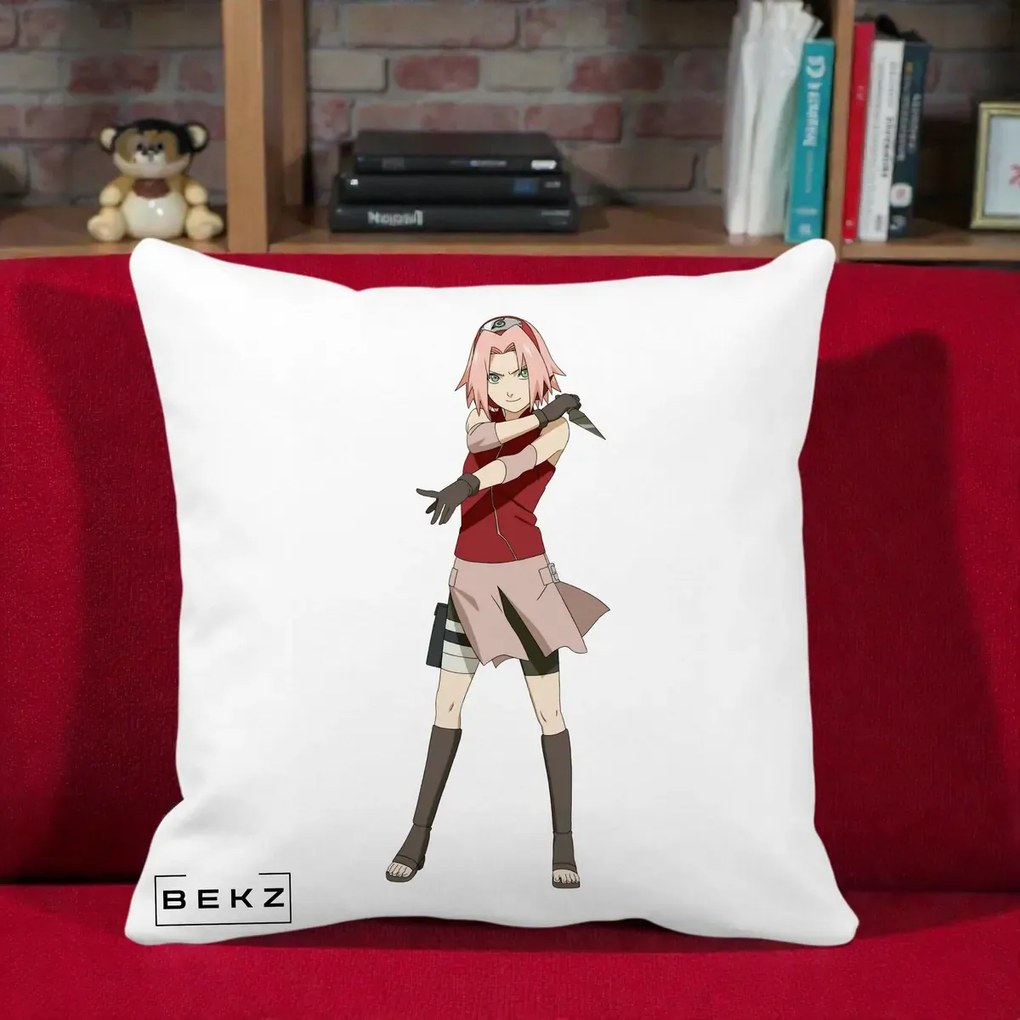 Perna Personalizata Naruto Sakura Haruno Portret, 40x40 cm, Alba Mata, Husa Detasabila, Perna Inclusa, BEKZ®