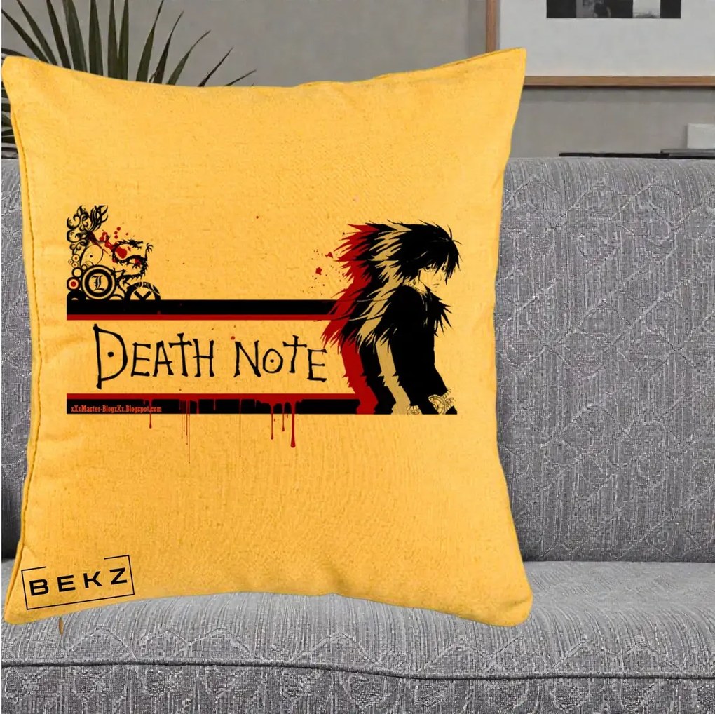Perna Personalizata Death Note L Lawliet Rosu-Negru, 40x40 cm, Galben, Husa Detasabila, Perna Inclusa, BEKZ®