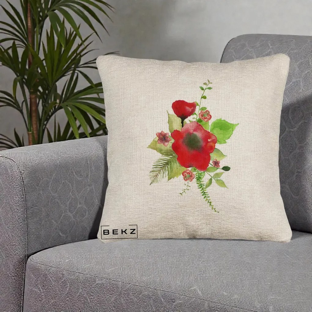 Perna Decorativa Buchet Rosu Acuarela, 40x40 cm, Bej Canapea, Husa Detasabila, Perna Inclusa, BEKZ®