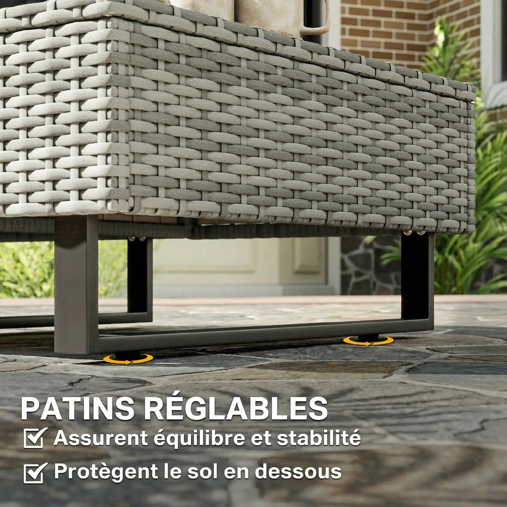 Outsunny Set Mobilier de Grădină 3 Piese din Ratan, Canapea Colțar în L cu Spătar Reglabil și Masă Imitatie Lemn, Gri | Aosom Romania