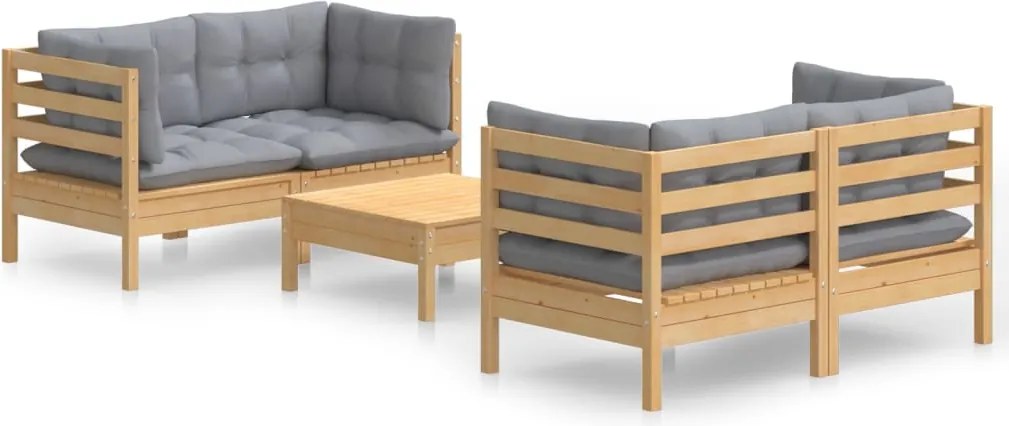 vidaXL Set mobilier grădină cu perne gri, 5 piese, lemn masiv de pin