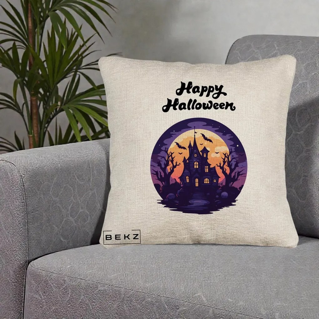 Perna Decorativa Happy Halloween Casa Bantuita Violet, 40x40 cm, Bej Canapea, Husa Detasabila, Perna Inclusa, BEKZ®