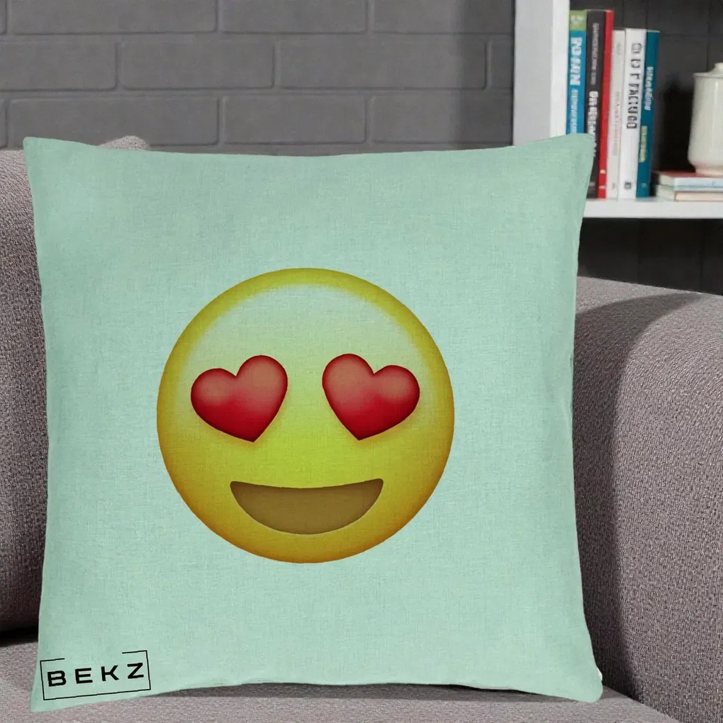 Perna Decorativa Emoji Inimi in Ochi, 40x40 cm, Verde Menta, Husa Detasabila, Perna Inclusa, BEKZ®
