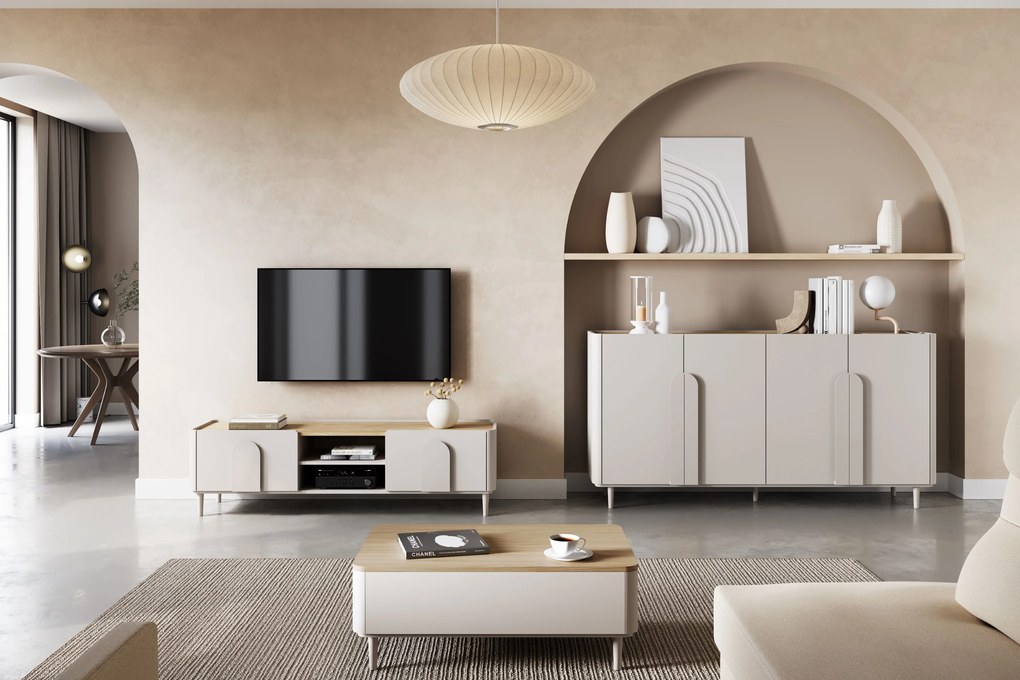 Comodă TV Amilio 170 cm cu sertar - cashmere / stejar uleiat / mânere cashmere