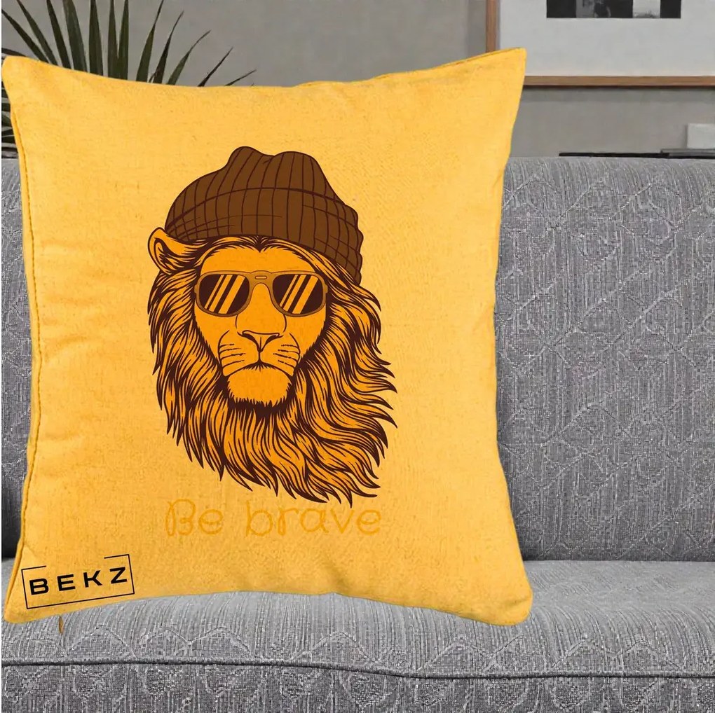Perna Decorativa Leu Hipster Be Brave, 40x40 cm, Galben, Husa Detasabila, Perna Inclusa, BEKZ®