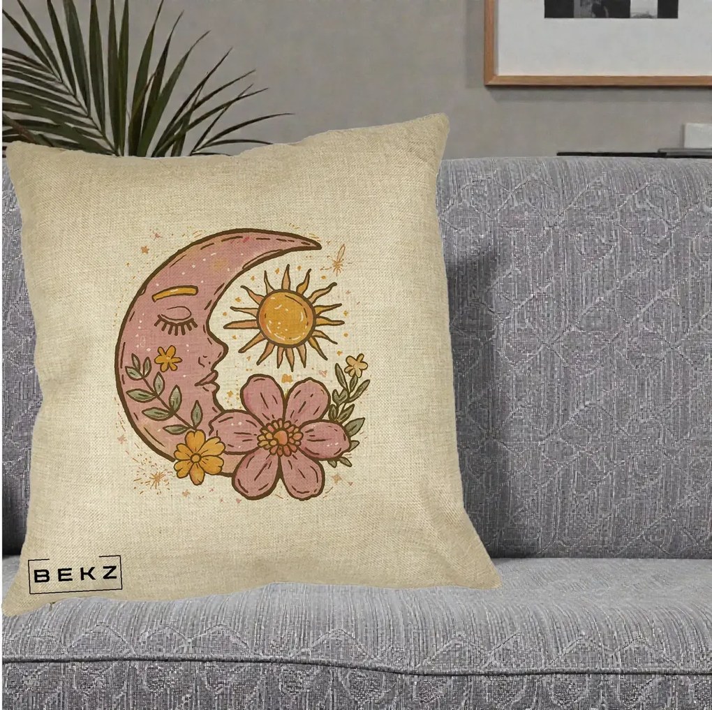Perna Personalizata Luna si Soare Floral Boho, 40x40 cm, Crem, Husa Detasabila, Perna Inclusa, BEKZ®