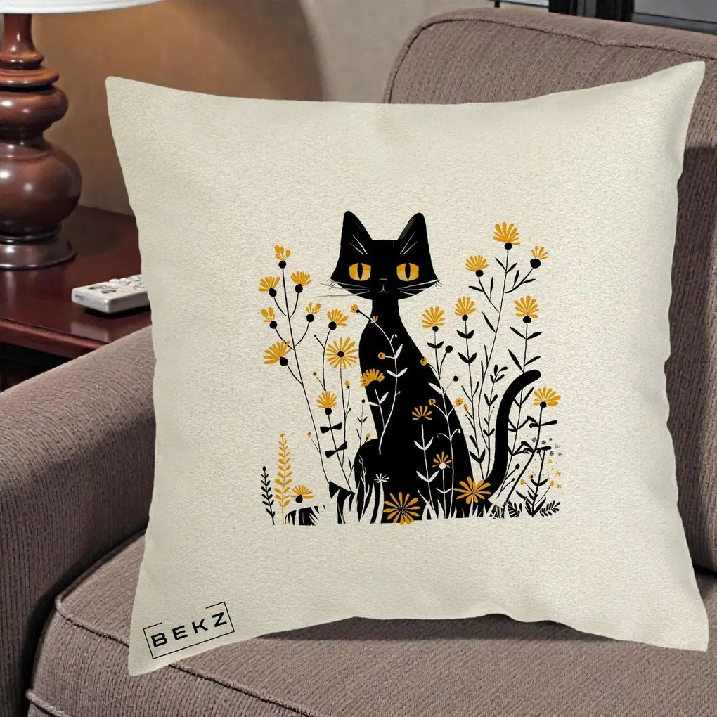 Perna Decorativa Pisica Neagra Ochi Galbeni Flori Galbene, 40x40 cm, Ecru, Husa Detasabila, Perna Inclusa, BEKZ®