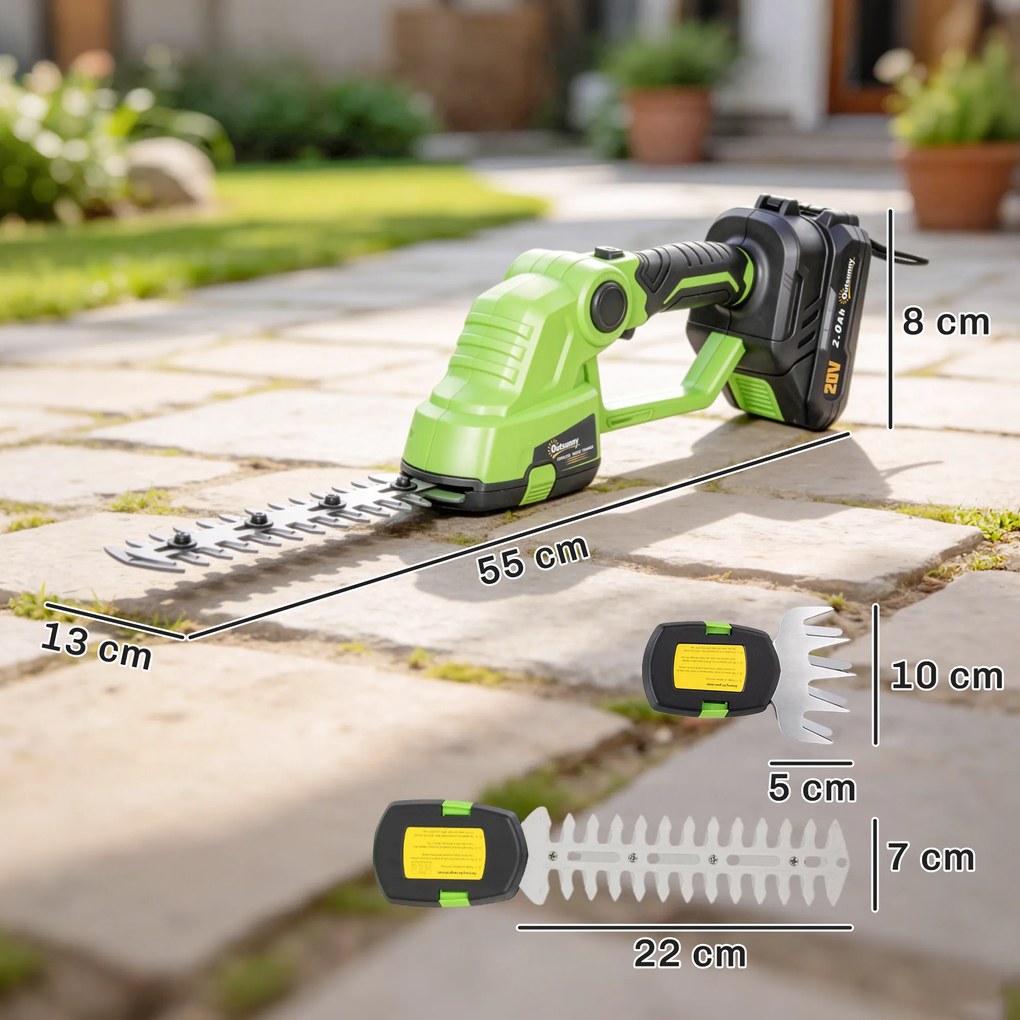 Outsunny 2-în-1 Foarfecă cu acumulator pentru gard viu, foarfecă electrică pentru gard viu &amp; tufe cu lungime de tăiere 20/10 cm, încărcător | Aosom Romania