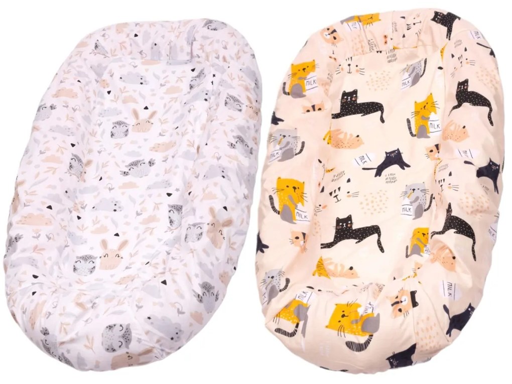 Set 2 Huse tip cearceaf cu elastic roata pentru baby nest Kidizi Forest Friends Kitten Love, include zona centrala impermeabila